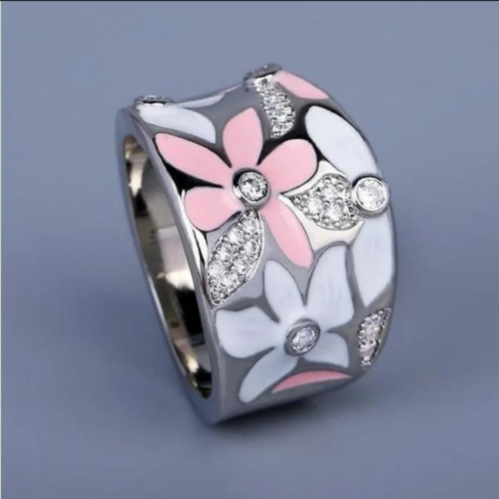 NWT Floral Silver and Pink Enamel Ring - Picture 3 of 3